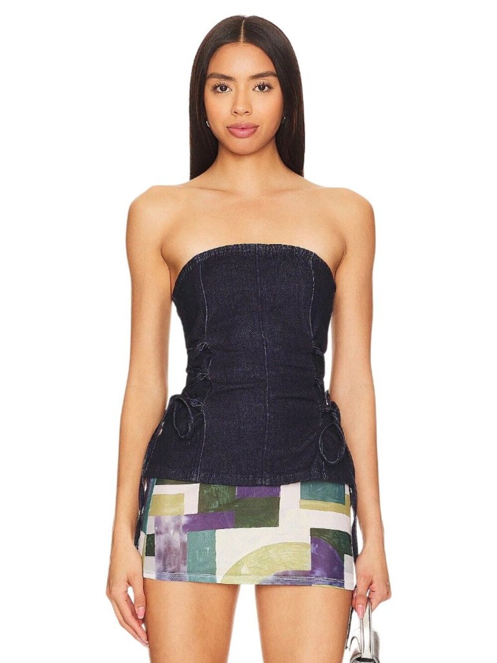 superdown Amora Corset Top in Dark Blue Wash Small Womens Sleeveless Tank